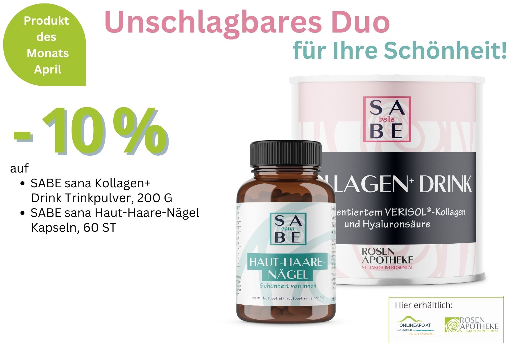 Produkt des Monats April 2026: 10 % Aktion auf Sabe Kollagen Pulver und Sabe Haut Haare Nägel
